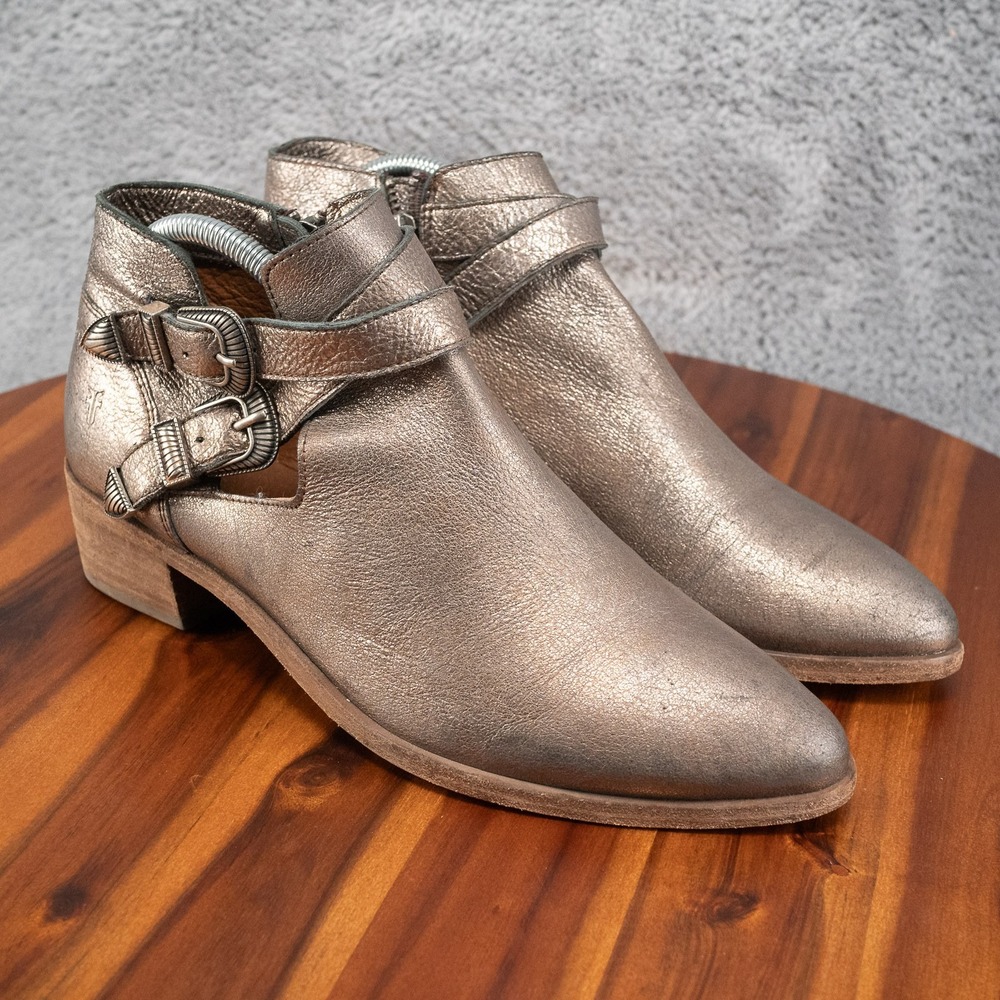 FRYE Ray Western Shootie Ankle Boots Golden Silver Leather Women's 9.5 M